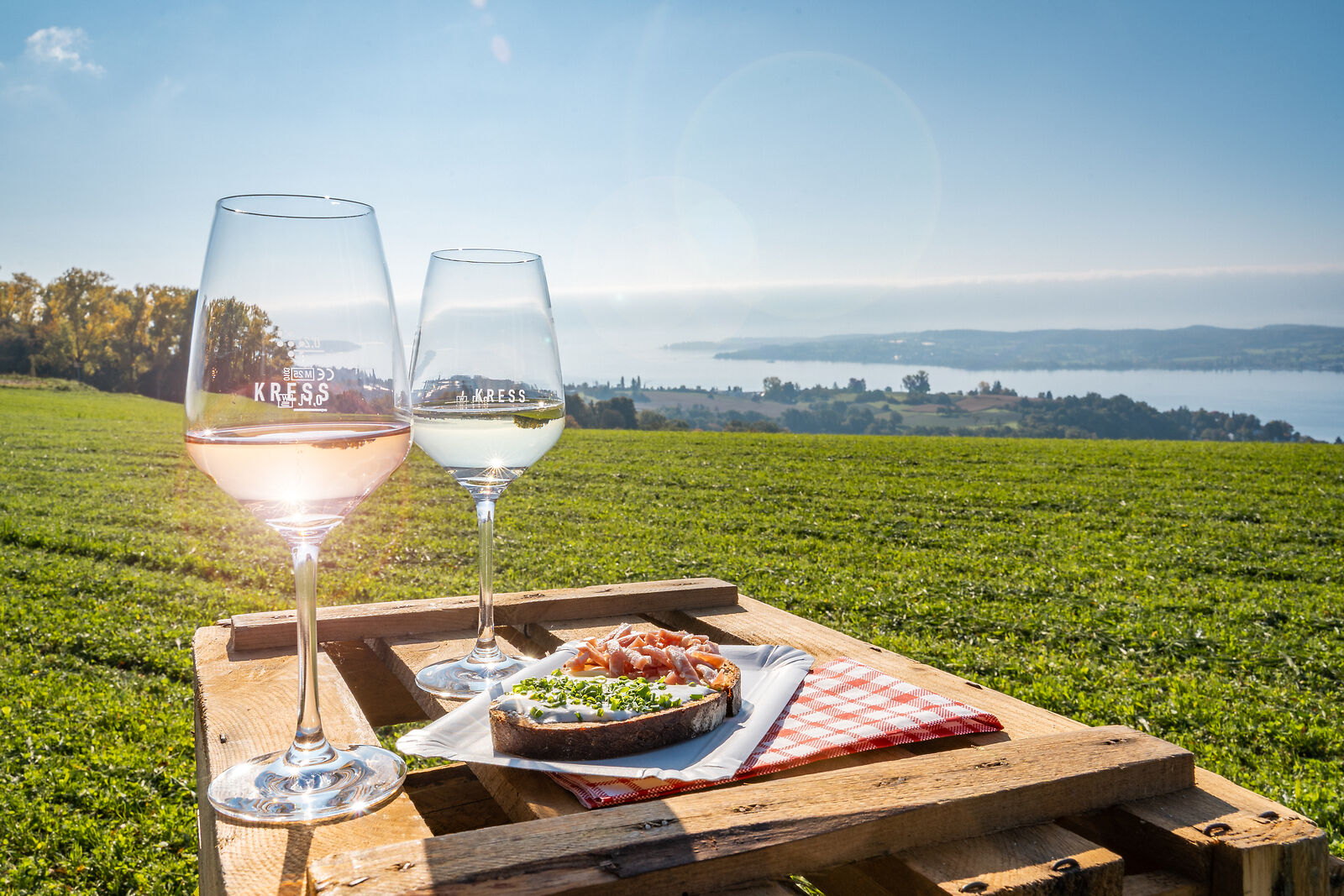 DSC08739-Bearbeitet Auf einer Obstkiste stehen zwei Gläser Wein und ein belegtes Brot, im Hintergrund eine Wiese und der Bodensee